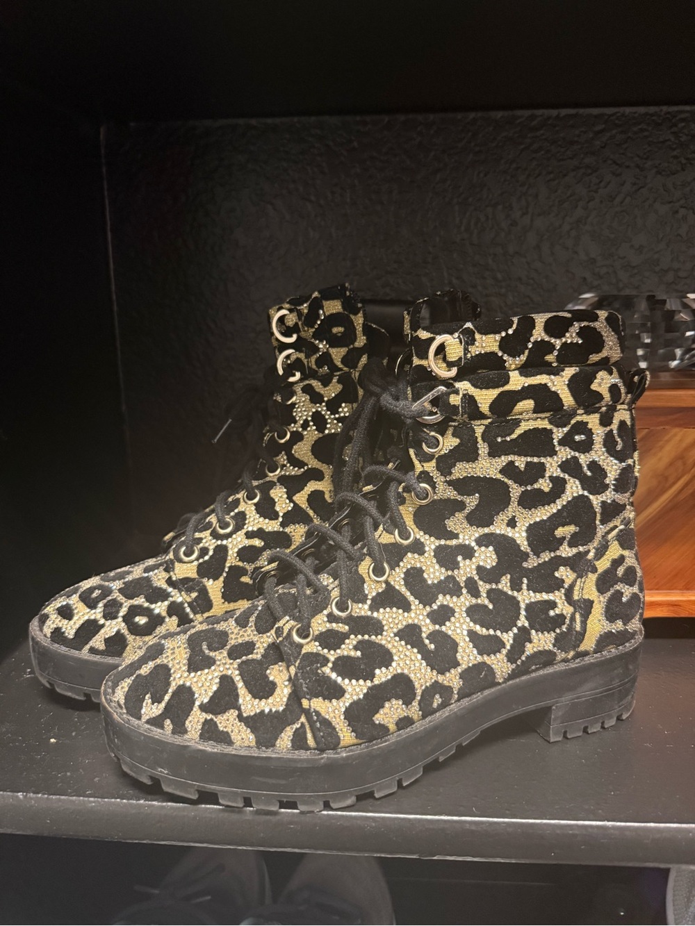 Gianni Bini Leopard Rhinestone Combat Boots Size 6